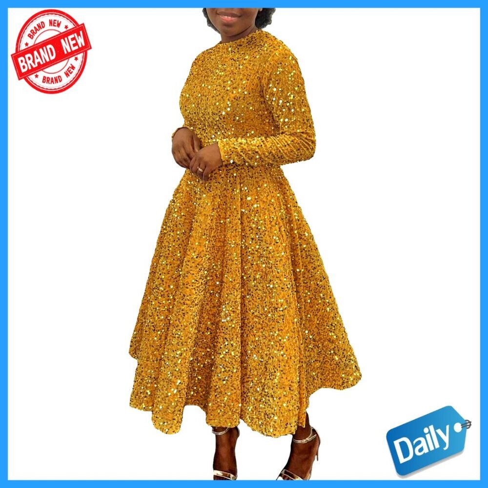 Sequin Maxi Dress Long Sleeve A-Line Flared Elegant Formal Party Wear